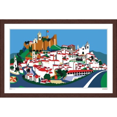 Ilustração colorida de uma cidade com castelo e casas, emoldurada