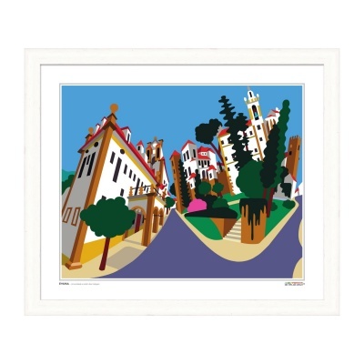 Quadro artístico com paisagem urbana colorida em moldura branca