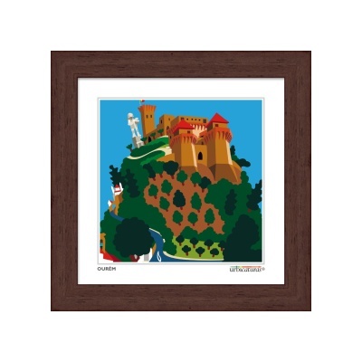 Ilustração de um castelo numa colina com moldura castanha