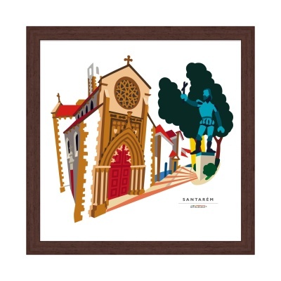 Ilustração colorida de igreja e estátua em Santarém