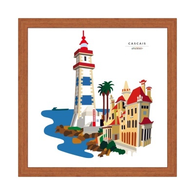 Ilustração de farol, palmeiras e edifícios com texto CASCAIS em quadro de madeira