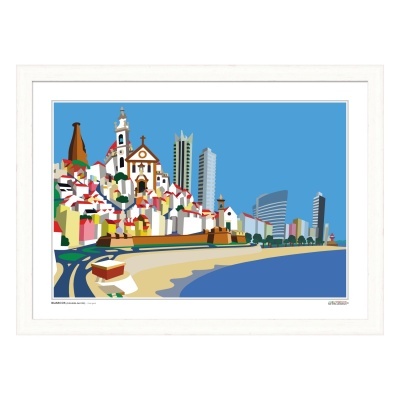 Ilustração urbana colorida da orla com igreja e arranha-céus em moldura branca