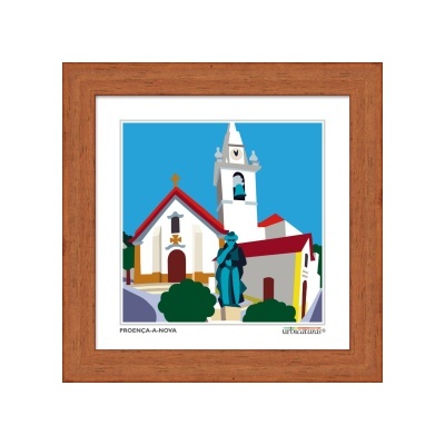 Imagem de ilustração de igreja branca com telhado vermelho e estátua azul em moldura de madeira