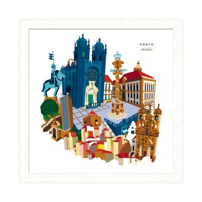 Ilustração gráfica de pontos turísticos de Porto em cores vibrantes