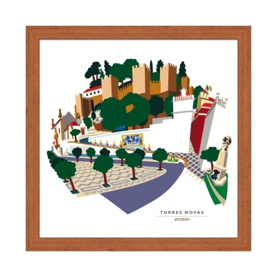 Ilustração de Torres Novas emoldurada com elementos coloridos e texto