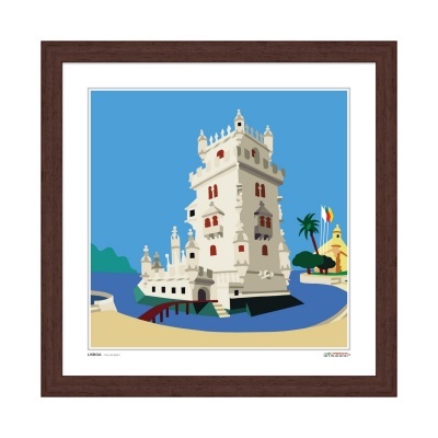 Ilustração gráfica da Torre de Belém em Lisboa com moldura castanha escura.