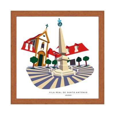 Impressão artística digital de praça com igreja e obelisco em moldura de madeira