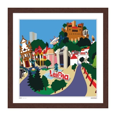 Ilustração colorida da cidade de Leiria com edifícios e natureza