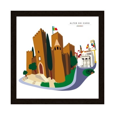 Ilustração digital de castelo medieval com barco em rio e moldura preta