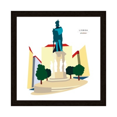 Ilustração estilizada da estátua de D. João I em Lisboa, com árvores e edifícios coloridos, em quadro com moldura preta.