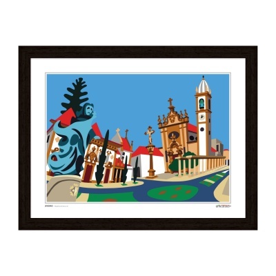 Ilustração colorida de edifícios históricos e estátua em moldura preta.