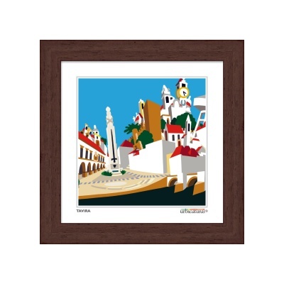 quadro com imagem estilizada de Tavira, Portugal, com edifícios coloridos e torre de relógio