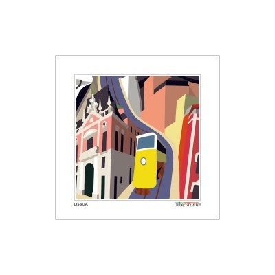 Imagem estilizada de elétrico amarelo em Lisboa entre edifícios coloridos