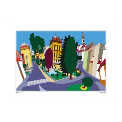 Ilustração colorida de uma rua com edifícios e árvores