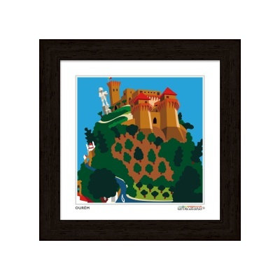 Quadro com imagem de castelo e árvores em cores vivas com moldura de madeira escura