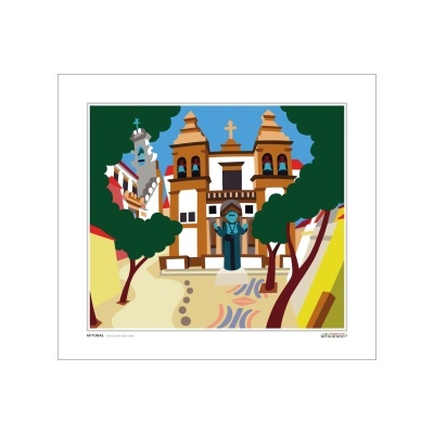 Ilustração de igreja com torres alaranjadas e árvores verdes