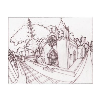 Desenho a lápis de uma igreja com torre e janela rosácea