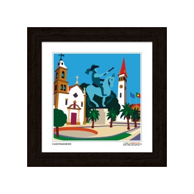 Gravura colorida emoldurada com estátua equestre e edifícios de Cantanhede.