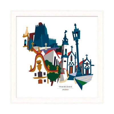 Ilustração colorida de Trancoso com moldura branca