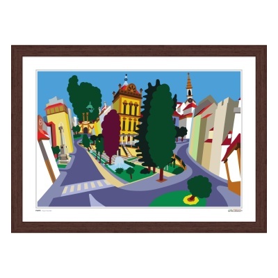 Ilustração colorida de uma rua com árvores e edifícios, em quadro com moldura castanha