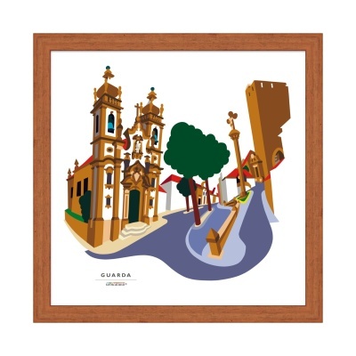 Ilustração gráfica da cidade de Guarda com igreja, árvores e torre emoldurada em madeira