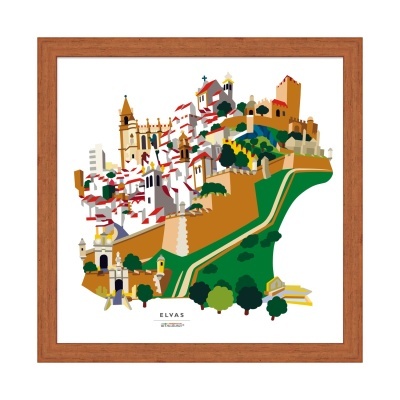 Quadro artístico colorido da cidade de Elvas em moldura de madeira