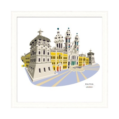 Ilustração estilizada de edifício histórico com torres em branco, cinza e amarelo