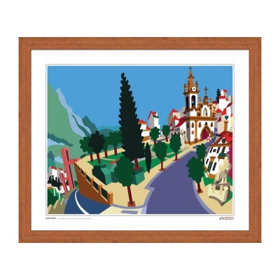 Quadro com ilustração colorida de paisagem urbana com igreja, árvores e estrada