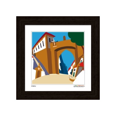 Quadro decorativo com imagem estilizada de ponte e edifícios em tons castanho, branco, vermelho e azul