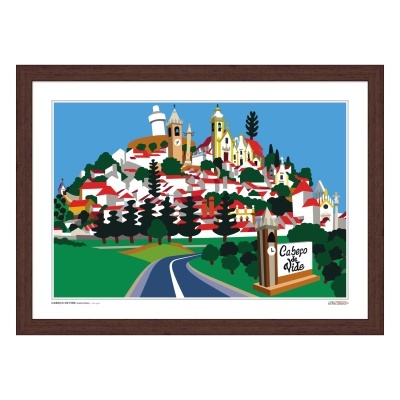 Gravura colorida de paisagem com estrada e painel 'Cabeço de Vide' em moldura castanha