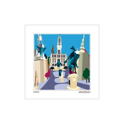 Ilustração colorida de estátuas e edifícios, com texto 'PORTO' e 'urbearte'