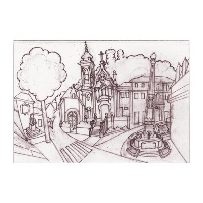 Desenho a lápis de uma praça antiga com fonte, igreja e árvores