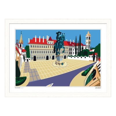 Ilustração de praça com estátua e edifícios clássicos em moldura branca