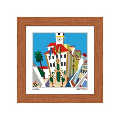 Quadro ilustrativo de edifício com relógio e bandeiras