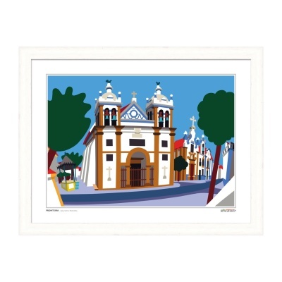 Ilustração de edifício religioso com árvores e céu azul num quadro branco