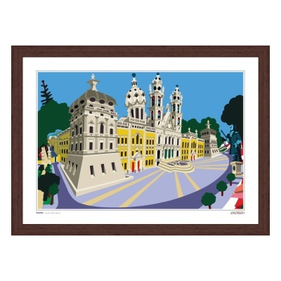 Ilustração colorida de edifícios históricos numa praça com céu azul