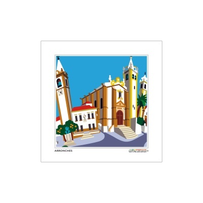 Ilustração colorida de edifícios históricos em Arronches com céu azul