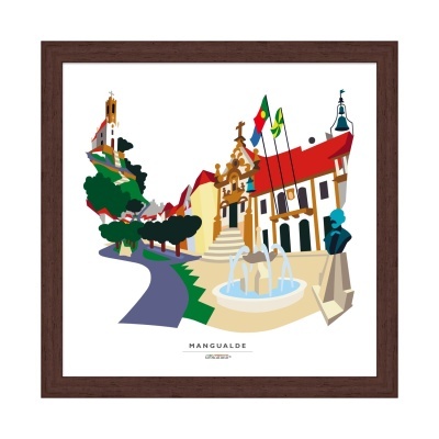Ilustração colorida de Mangualde com edifícios históricos e fonte