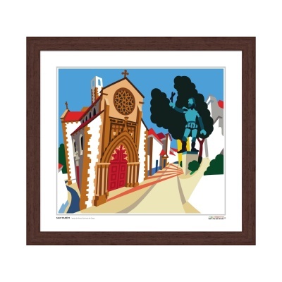 Quadro com ilustração estilizada de igreja, casas e estátua de cavaleiro