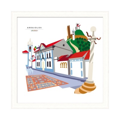 Ilustração do Arraiolos com casas, colina, torre, coluna esculpida e tapete tradicional