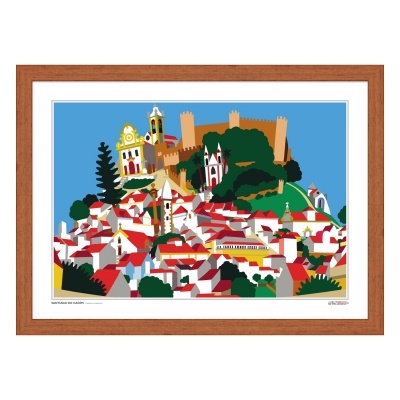 Quadro ilustrativo de vila com casas brancas e telhados vermelhos, castelo e céu azul