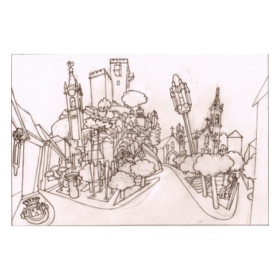 Desenho a preto e branco de cidade estilizada com árvores e edifícios