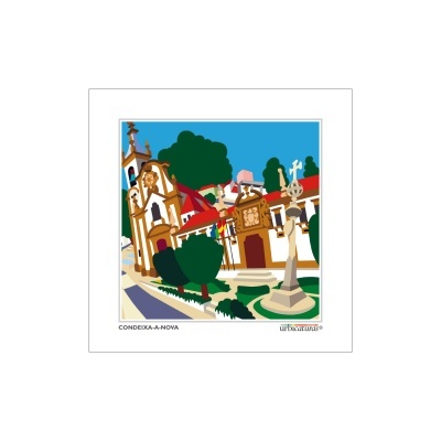 Ilustração da praça de Condeixa-a-Nova com igreja, árvores e cruz de pedra.