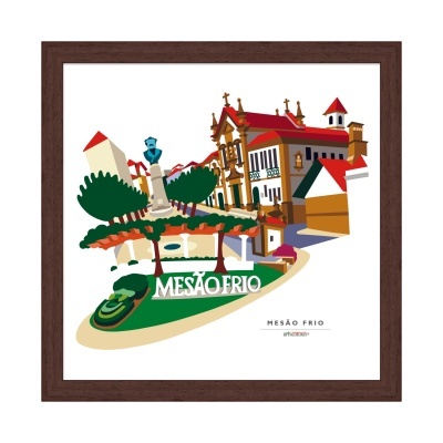 Quadro colorido da paisagem urbana de Mesão Frio com árvores, edifícios e estátua.