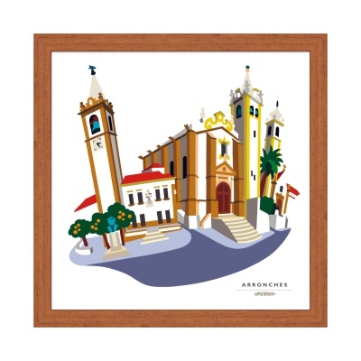 Ilustração de edifícios históricos de Arronches emoldurada com moldura de madeira