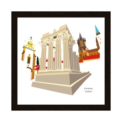 Azulejo decorativo com ilustração arquitetónica de Évora em moldura preta