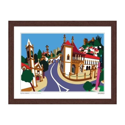 Impressão artística colorida de uma rua e edifícios históricos emoldurada