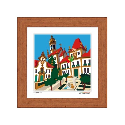 Ilustração colorida de edifícios históricos com telhados vermelhos e árvores em Sabrosa, Portugal, moldurada em madeira.