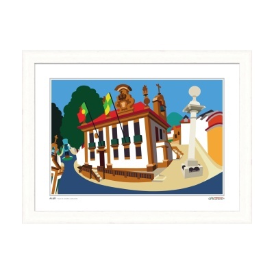 Quadro colorido de edifício histórico em moldura branca