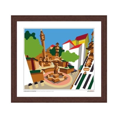 Ilustração de praça com fonte, árvores e edifícios emoldurada por moldura de madeira escura